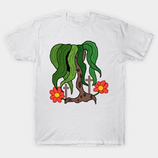 weird tree with cross and flowers T-Shirt